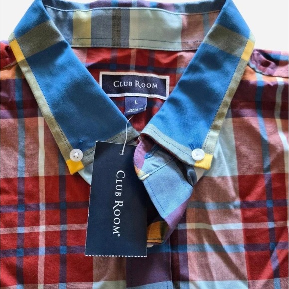 NWT Club Room Mens Large LS Fash Poplin Plaid Button Down Shirt Shallow Blue - Picture 4 of 6